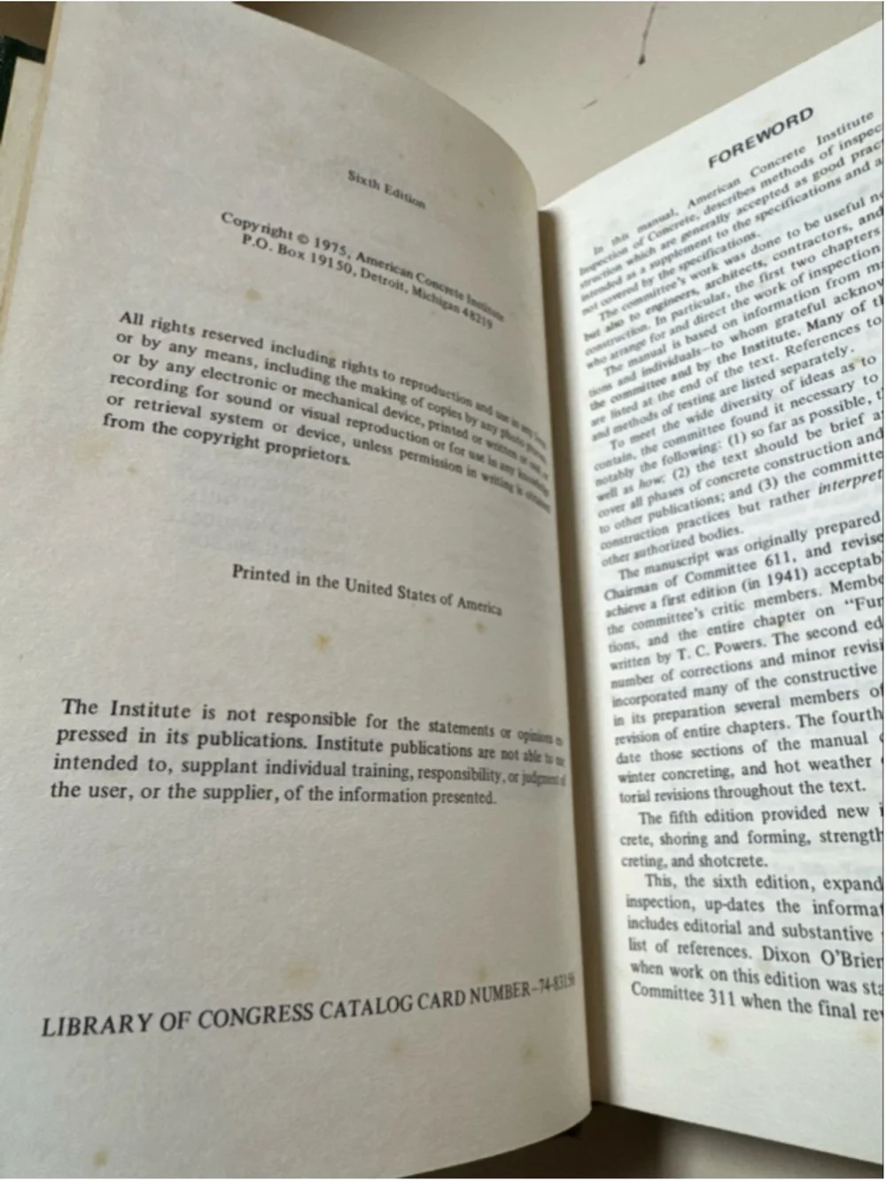 ACI MANUAL OF CONCRETE INSPECTION PUBLICATION SP-2 6th EDITION, 1975